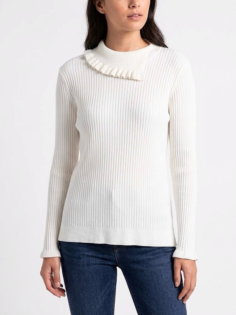 RENUAR Ivory Ribbed Knit Ruffle Neck Sweater Top Size Large